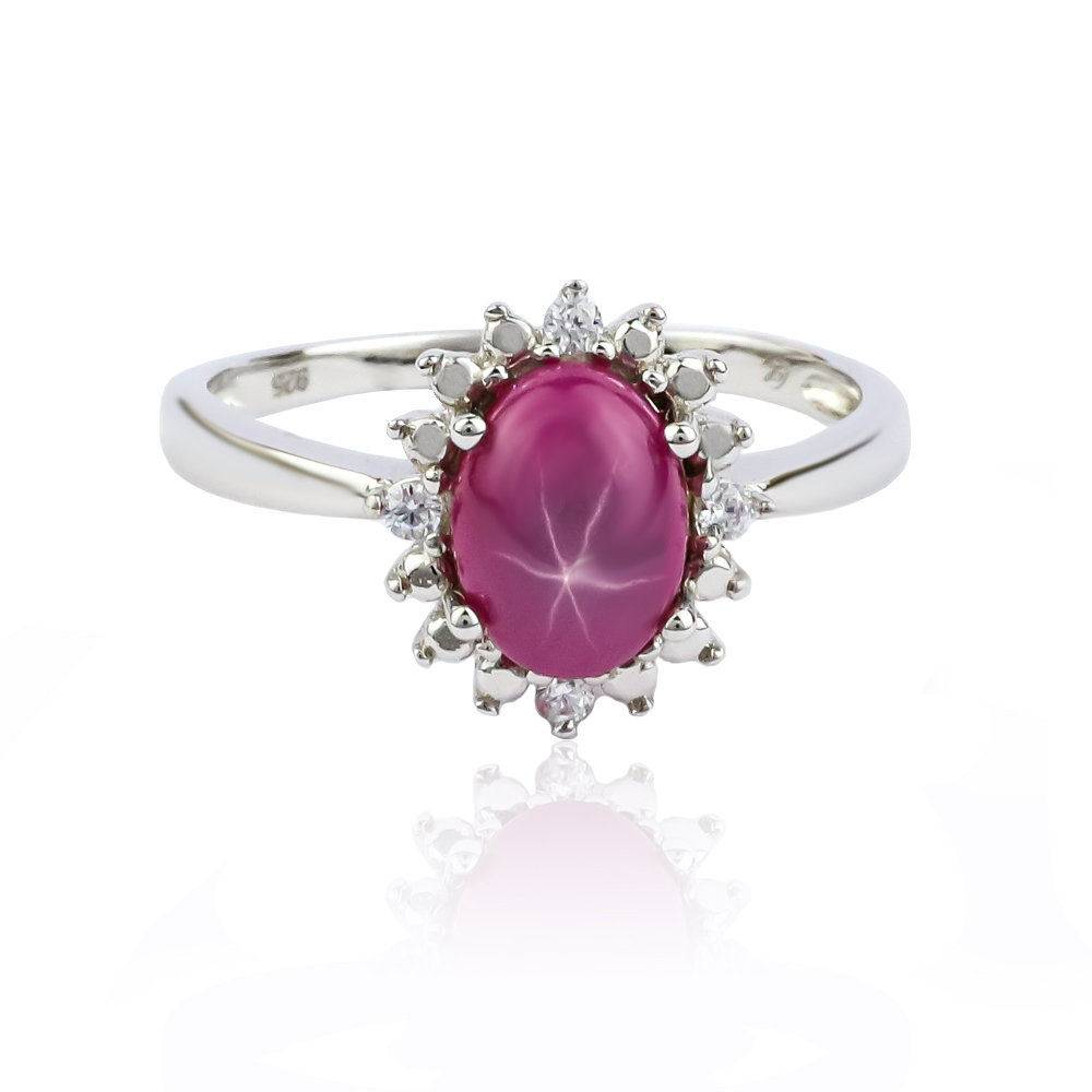 Diamond & Star Ruby Ring Sterling Silver or 14K Yellow Gold Plated Silver