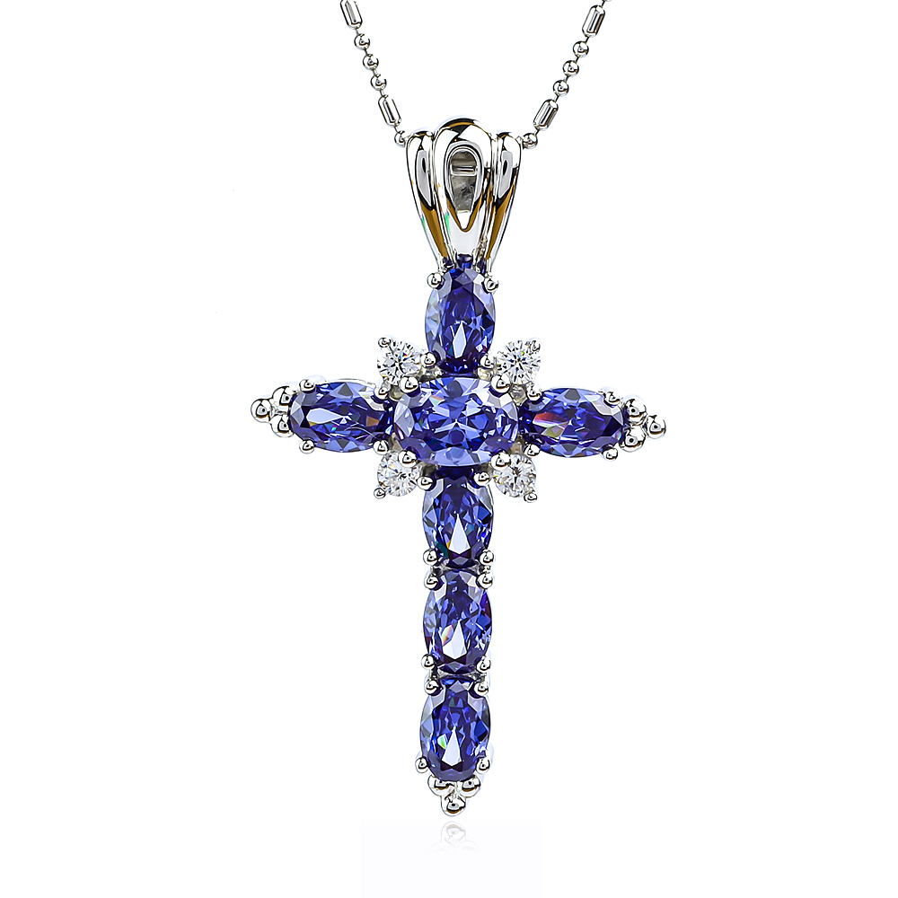 Cross Style Blue Tanzanite 925 Sterling Silver Pendant Jewelry 