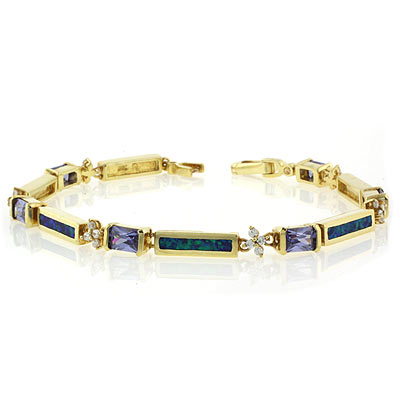 Emerald Cut Tanzanite Stones and Australian Opal Gold Plated Bracelet