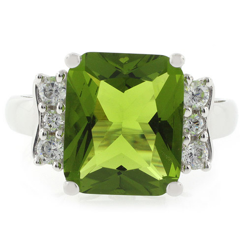Big Emerald Cut Peridot Silver Ring