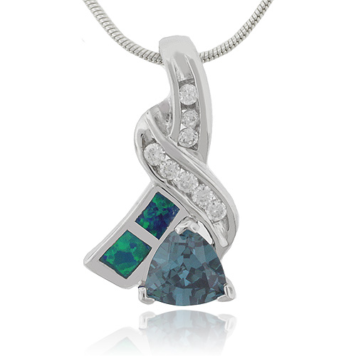 Trillion Cut Alexandrite and Green Opal Pendant in .925 Silver