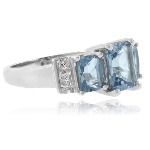 3 Stone Emerald Cut Aquamarine .925 Silver Ring