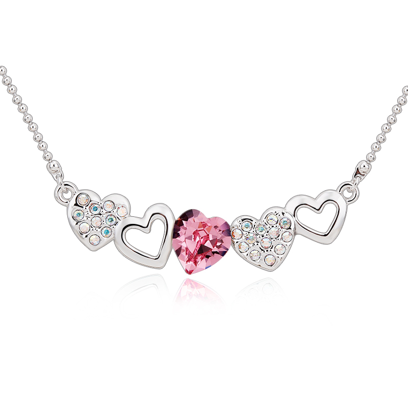 Platinum Plated Necklace with Pink Heart Swarovski Pendant – FabJewels 4less