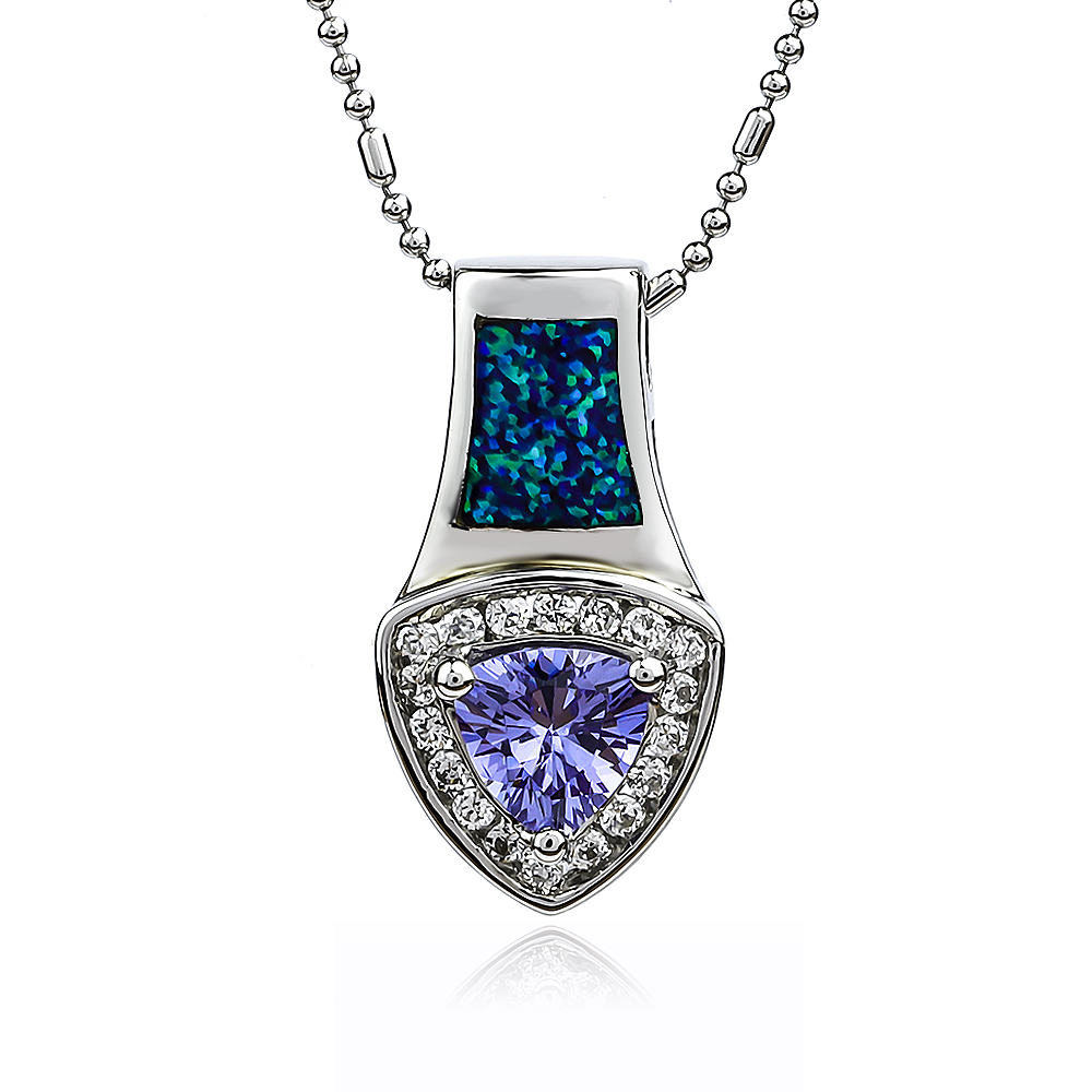 Trillion Cut Tanzanite with Green Opal Silver Fashion Pendant