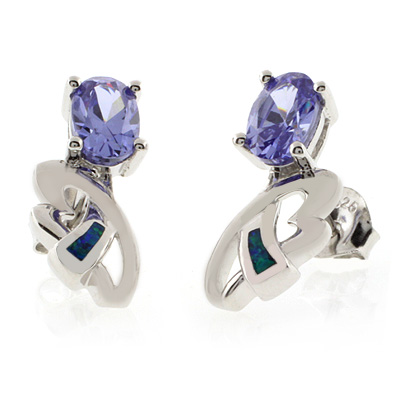 Australian Opal with Oval Cut Tanzanite Silver Earrings