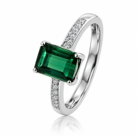 Anillo de 18k de Oro Blanco Verde Turmalina 2CT ( 7mm x5mm ) 0.06CT Diamantes