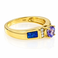 Anillo de Oro Macizo 14K con Opalo, Diamantes y Tanzanita