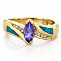 Precioso Anillo de Tanzanita, Diamantes y Opalo en Oro de 14K