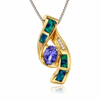 Elegante Dije de Tanzanita y Ópalo en Plata con Baño de Oro 14K