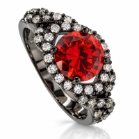 Anillo de Plata Oxidada con Ópalo de Fuego Corte Redondo
