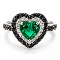 Anillo de Plata con Piedra Preciosa de Esmeralda en Forma de Corazón y Zirconias
