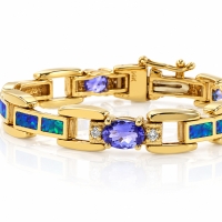 Pulsera de Oro Sólido de 14K con Tanzanita, Diamantes y Ópalo Naturales