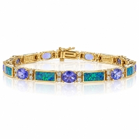 Pulsera de Oro Macizo de 14K con Tanzanita, Diamantes y Ópalo Genuinos
