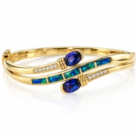 Brazalete de Plata .925 con Baño de Oro 14K, Tanzanita y Opalo Australiano