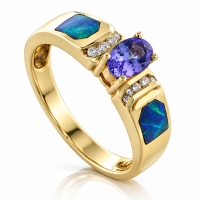 Anillo de Oro Macizo 14K con Tanzanita, Diamantes y Opalo