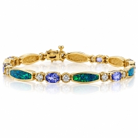 Pulsera de Oro Sólido de 14K con Tanzanita, Diamantes y Ópalo Genuinos