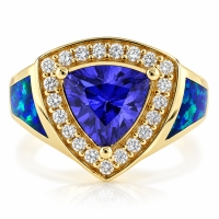Anillo de Plata con Chapa de Oro, Tanzanita y Opalo Azul