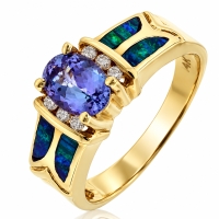 Anillo de Opalo Australiano con Tanzanita Oro Solido de 14K