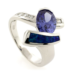 Australian Opal Silver Ring with Oval Cut Tanzanite