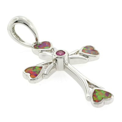 Dije de Cruz con Zafiro Rosa y Ópalo Australiano en Plata .925