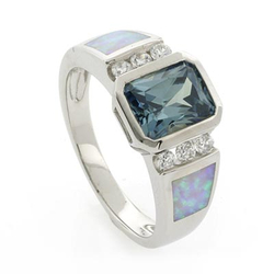 White Opal Emerald Cut Alexandrite Silver Ring