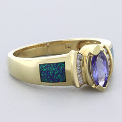 Blue Opal with Tanzanite Yellow Gold RIng in 14K