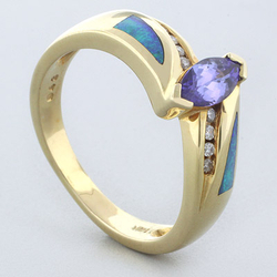 14k Solid Yellow Gold Australian Blue Opal Tanzanite Ring