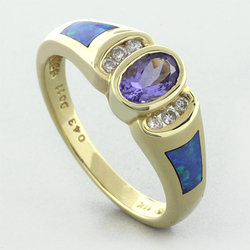 14k Solid Yellow Gold Australian Blue Opal Tanzanite Ring