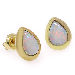 14K Yellow Gold Genuine White Opal Studs