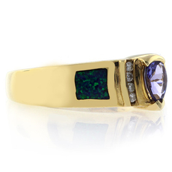 14k Solid Yellow Gold Australian Blue Opal Tanzanite Ring