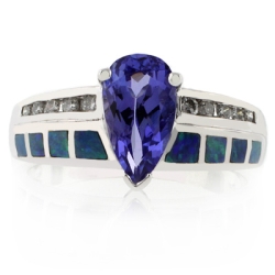 Anillo de Oro Blanco Macizo 14K con Opalo y Tanzanita