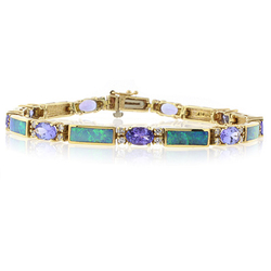 Pulsera de Oro Macizo de 14K con Tanzanita, Diamantes y Ópalo Genuinos