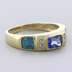 14k Solid Yellow Gold Australian Blue Opal Tanzanite Ring