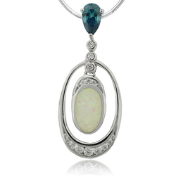 Oval Cut Alexandrine and Oval Shape White Opal  Sterling Silver Pendant