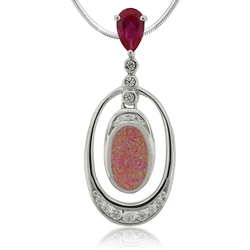 Oval Cut Ruby and Oval Shape Pink Opal  Sterling Silver Pendant