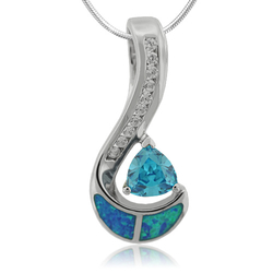 Trillion Cut Smoked Blue Topaz and Opal Sterling Silver Pendant