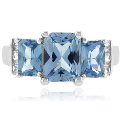 3 Stone Emerald Cut Aquamarine .925 Silver Ring