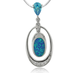 Oval Cut Blue Topaz and Oval Shape Blue Opal  Sterling Silver Pendant