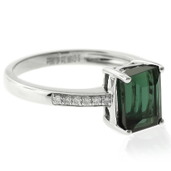 Anillo de 18k de Oro Blanco Verde Turmalina 2CT ( 7mm x5mm ) 0.06CT Diamantes