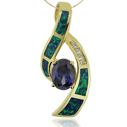 Gold Plated Pendant With Tanzanite in Trillion Cut and Australian Opal