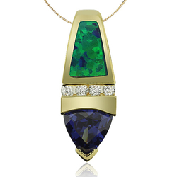 Gold Plated Pendant With Tanzanite in Trillion Cut and Australian Opal