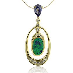 Gold Plated Pendant With Tanzanite in Trillion Cut and Australian Opal