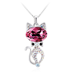 Beautiful Pink Rhodium Plated Swarovski Crystal Cat Shaped Necklace