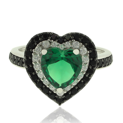 Silver Ring With Emerald Gemstone In Heart Shape and Zirconia