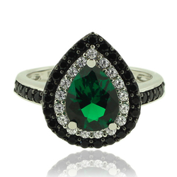 Silver Ring With Drop Cut Emerald Gemstone and Zirconia