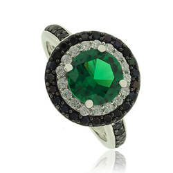 Gorgeous Silver Ring With Emerald Gemstone In Round Cut and Zirconia