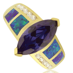 Opal and Gold Plated Ring With Great Marquise Cut Tanzanite Gemstone.