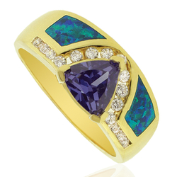 Opal and Gold Plated Ring With TrillionCut Tanzanite Gemstone.