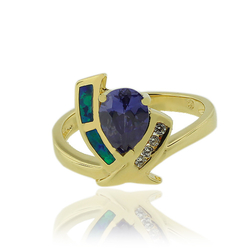 Opal and Gold Plated Ring With Elegant Tanzanite Gemstone in Drop Cut