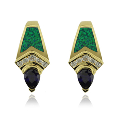 Great Gold Plated Earrings With Drop Cut Tanzanite and Australian Opal.